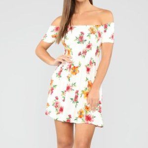 AMBIANCE SMOCKED OFF THE SHOULDERS MINI FLORAL